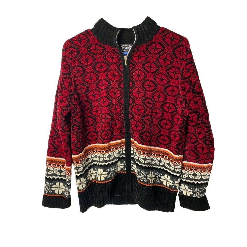 Vintage Grannycore Cardigan Sweater Zip Women’s Medium Red Boho Statement Knit